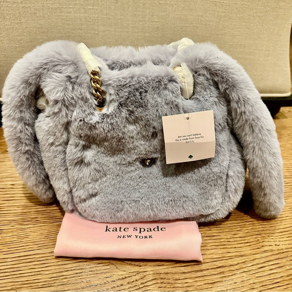KATE SPADE Fluff Embellished Faux Fur Bucket Shoulder Bag | Lavender Bunny | NEW - Picture 3 of 8